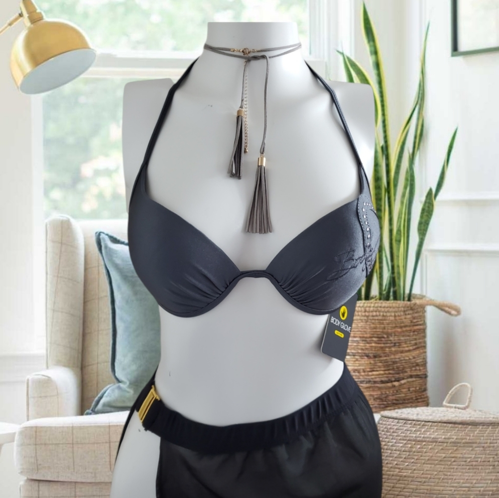 NWT- BODY GLOVE Silver Extreme Pushup Halter Bikini Top